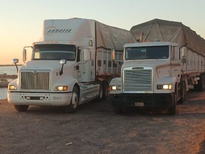 Dos unidades de Transportes Assalia con jaulas graneleras cubiertas con lona